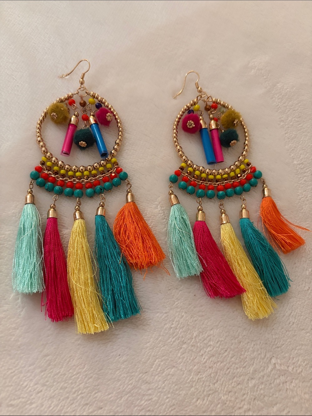 Zara Multicolor Tassel Hoop Earrings in Teal, Pink, Yellow, Orange & Blue NEW